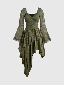 ROMWE Fairycore Sweetheart Neck Contrast Lace Asymmetrical Hem Dress - Army Green - View 1