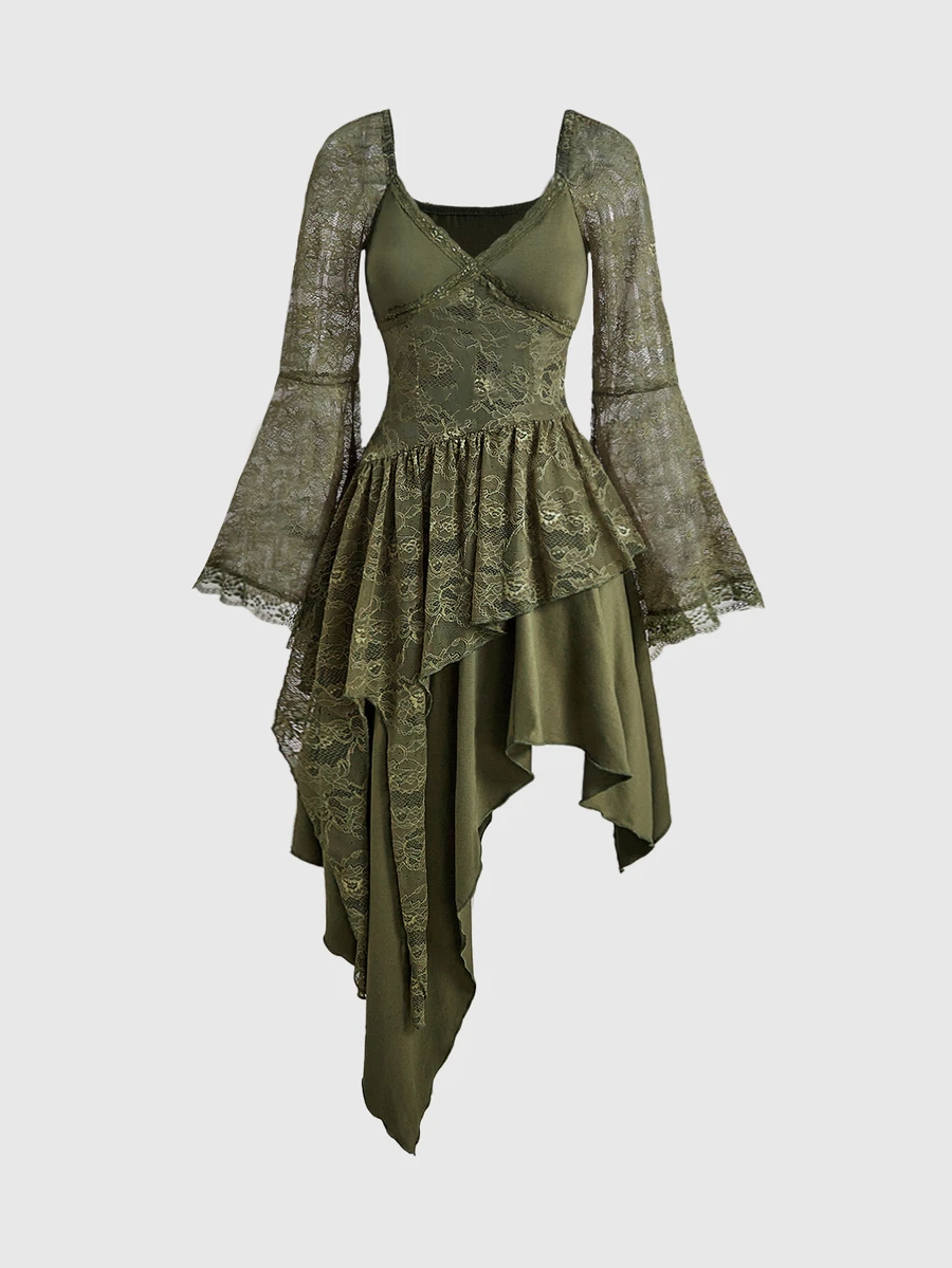 ROMWE Fairycore Sweetheart Neck Contrast Lace Asymmetrical Hem Dress - Army Green - View 1