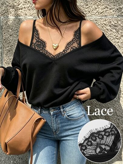 Cévolie Sweatshirt Wanita Model Terbaru Musim Gugur dengan Patchwork Renda dan Bahu Terbuka, Sweatshirt Tipis Longgar Kasual Modis