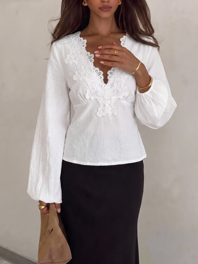 Lucivie Autumn Women's Elegant Lace V Neck Sexy Blouse Puff Long Sleeve Slim Fit Lace Trim Vintage Blouse For Woman Fall Going Out Streetwear Tops Shirt