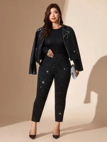 SHEIN LUNE 大尺碼女款亮面休閒優雅百搭日常穿著長褲 派對夜場合 黑白配色 夏季 - 黑色 - 查看 5