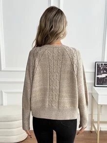 SHEIN Cable Knit Raglan Sleeve Cardigan - Khaki - View 2