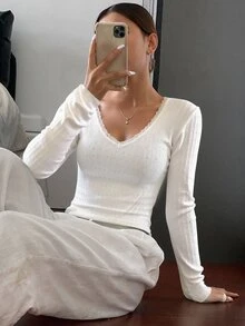Livesso Women's Contrast Lace V-Neck Long Sleeve Fitted Fashionable T-Shirt,Fall Clothes - White - View 2