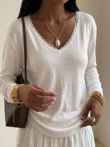 Livesso Women's Contrast Lace V-Neck Long Sleeve Fitted Fashionable T-Shirt,Fall Clothes - White - View 7
