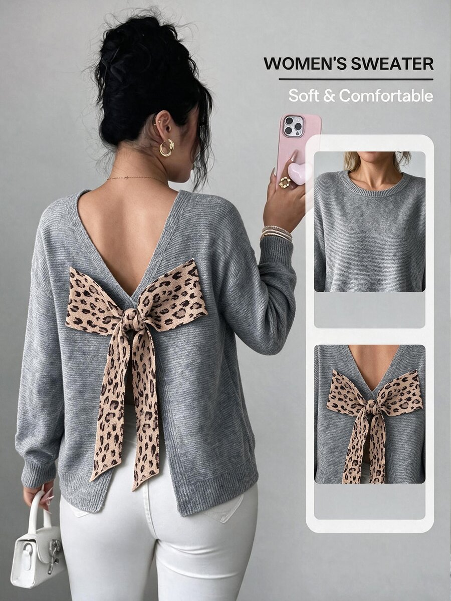 Elenzga Women's Autumn/Winter Leopard Print Back Decor Large Bow Loose Slouchy Pullover Long Sleeve Knit Sweater - Grey - View 1