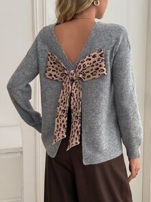 Elenzga Women's Autumn/Winter Leopard Print Back Decor Large Bow Loose Slouchy Pullover Long Sleeve Knit Sweater - Grey - View 2