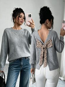Elenzga Women's Autumn/Winter Leopard Print Back Decor Large Bow Loose Slouchy Pullover Long Sleeve Knit Sweater - Grey - View 5
