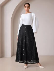 Modelyn Chân váy nữ dáng xòe cao cấp phong cách vintage ren, cạp cao, hàng cúc trước, thanh lịch - màu đen - Xem 8