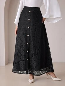 Modelyn Chân váy nữ dáng xòe cao cấp phong cách vintage ren, cạp cao, hàng cúc trước, thanh lịch - màu đen - Xem 5