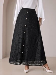 Modelyn Chân váy nữ dáng xòe cao cấp phong cách vintage ren, cạp cao, hàng cúc trước, thanh lịch - màu đen - Xem 6