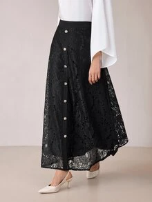 Modelyn Chân váy nữ dáng xòe cao cấp phong cách vintage ren, cạp cao, hàng cúc trước, thanh lịch - màu đen - Xem 7