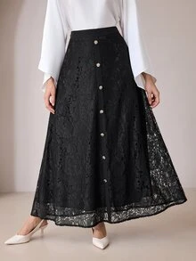 Modelyn Chân váy nữ dáng xòe cao cấp phong cách vintage ren, cạp cao, hàng cúc trước, thanh lịch - màu đen - Xem 4