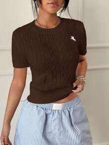 SHEIN Unity Casual Versatile Short Sleeve Knit Top - Brown - View 3