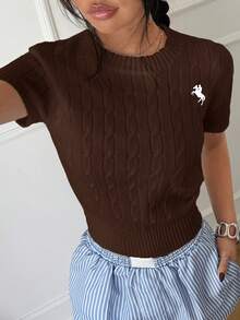 SHEIN Unity Casual Versatile Short Sleeve Knit Top - Brown - View 4
