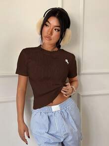 SHEIN Unity Casual Versatile Short Sleeve Knit Top - Brown - View 7