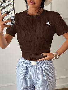 SHEIN Unity Casual Versatile Short Sleeve Knit Top - Brown - View 6