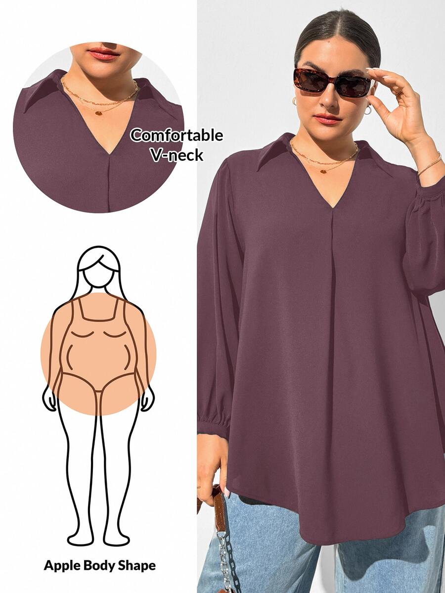 Shapeblank 大尺碼女款秋季深紫色V領長袖上衣，寬鬆襯衫，休閒優雅正式辦公穿搭，老錢風曲線工作上衣
