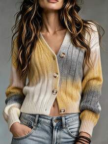 SHEIN LUNE Women's Long-Sleeve Mohair Blend Printed Cardigan, Yellow To Gray Gradient, Soft Chic Layering For Workplace, Outings & Commuting, Fall/Winter - Yellow - View 4