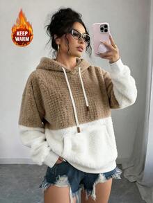 Elenzga Plus Size Women Color Block Sherpa Fleece Hoodie Drawstring Kangaroo Pocket Long Sleeve Thick Warm Pullover Sweatshirt Daily Fall Winter Casual Top - Multicolor - View 1