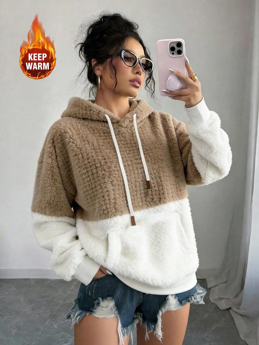 Elenzga Plus Size Women Color Block Sherpa Fleece Hoodie Drawstring Kangaroo Pocket Long Sleeve Thick Warm Pullover Sweatshirt Daily Fall Winter Casual Top - Multicolor - View 1