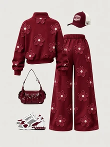 青少年女孩 2 件套運動衫套裝，柔軟紅色花卉滿版印花半拉鍊立領短版運動衫，寬鬆休閒運動風穿搭，甜美花卉圖案印花，百搭時尚休閒套裝，適合日常穿著與外出，秋冬款 - 彩色 - 查看 2