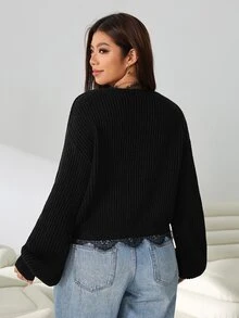 Solflare Plus Size Women's Solid Color Contrast Lace Long Sleeve Pullover Sweater Vacation Dinner Office Black Autumn Elegant Winter - Black - View 2