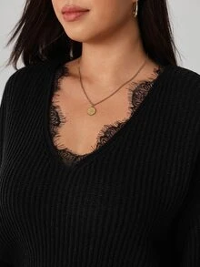 Solflare Plus Size Women's Solid Color Contrast Lace Long Sleeve Pullover Sweater Vacation Dinner Office Black Autumn Elegant Winter - Black - View 7
