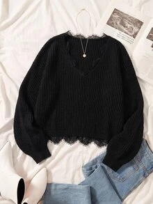 Solflare Plus Size Women's Solid Color Contrast Lace Long Sleeve Pullover Sweater Vacation Dinner Office Black Autumn Elegant Winter - Black - View 6