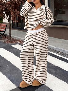 Muchica Plus Size Women's Striped Drop Shoulder Long Sleeve T-Shirt And Pants Set Casual - Black and White - View 5
