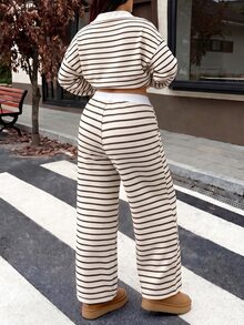 Muchica Plus Size Women's Striped Drop Shoulder Long Sleeve T-Shirt And Pants Set Casual - Black and White - View 2