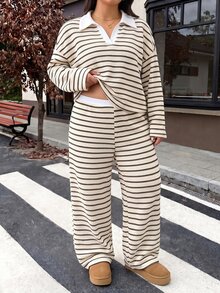 Muchica Plus Size Women's Striped Drop Shoulder Long Sleeve T-Shirt And Pants Set Casual - Black and White - View 4