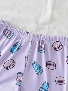 SHEIN 女童秋季新款紫色可愛字母與甜甜圈印花長袖長褲睡衣，貼身保暖居家服 - 淡紫色 - 查看 4