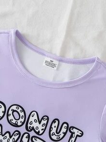 SHEIN 女童秋季新款紫色可愛字母與甜甜圈印花長袖長褲睡衣，貼身保暖居家服 - 淡紫色 - 查看 3