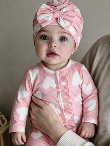 SHEIN Autumn/Winter Newborn Bow Print Cute Baby Romper Jumpsuit 2-Piece Set - Pink - View 3