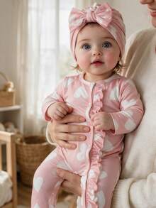 SHEIN Autumn/Winter Newborn Bow Print Cute Baby Romper Jumpsuit 2-Piece Set - Pink - View 1