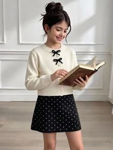 白色優雅可愛蝴蝶結配黑色波點裙女童針織衫套裝 秋冬款 - 黑與白 - 查看 9