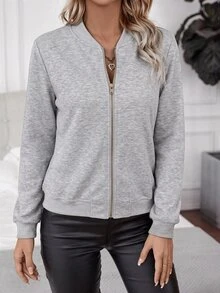 SHEIN Light Gray Casual Baseball Jacket, Loose Fit Zipper Style, Versatile For Daily Commute, Slimming - Light Grey - View 5