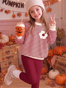 Kids Tween Girl Brown Striped Floral Print Autumn Sweatshirt And Leggings Set,Soft Warm Crew Neck Lo - White - View 1