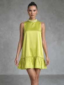 CHARMVALE Elegant Loose Fit Small Stand Collar Beaded Short Dress With Ruffle Hem For Travel, Women's Dress - Green - View 2