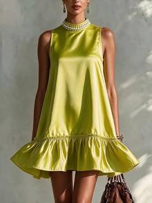 CHARMVALE Elegant Loose Fit Small Stand Collar Beaded Short Dress With Ruffle Hem For Travel, Women's Dress - Green - View 3