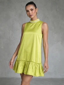 CHARMVALE Elegant Loose Fit Small Stand Collar Beaded Short Dress With Ruffle Hem For Travel, Women's Dress - Green - View 1