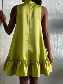 CHARMVALE Elegant Loose Fit Small Stand Collar Beaded Short Dress With Ruffle Hem For Travel, Women's Dress - Green - View 4