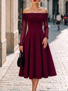 Penseblé Elegant Navy Blue Off-Shoulder Mesh Patchwork Cinched Waist Mid-Length Dress For Autumn/Winter Party And Wedding, Romantic And Exquisite Women's Dress - Burgundy - View 3