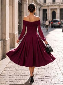 Penseblé Elegant Navy Blue Off-Shoulder Mesh Patchwork Cinched Waist Mid-Length Dress For Autumn/Winter Party And Wedding, Romantic And Exquisite Women's Dress - Burgundy - View 2