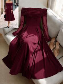 Penseblé Elegant Navy Blue Off-Shoulder Mesh Patchwork Cinched Waist Mid-Length Dress For Autumn/Winter Party And Wedding, Romantic And Exquisite Women's Dress - Burgundy - View 4