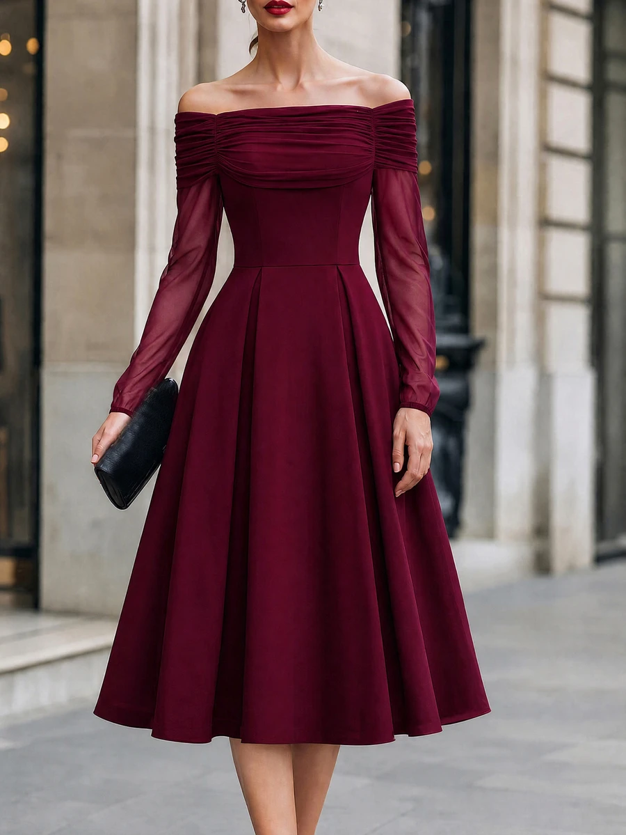 Penseblé Elegant Navy Blue Off-Shoulder Mesh Patchwork Cinched Waist Mid-Length Dress For Autumn/Winter Party And Wedding, Romantic And Exquisite Women's Dress - Burgundy - View 1