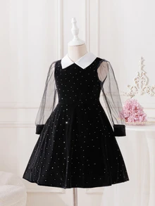 SHEIN 黑色天鵝絨領公主禮服，閃亮水鑽透視網紗長袖A字長裙，適合學校派對與聖誕節 - 黑色 - 查看 5