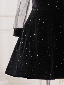 SHEIN 黑色天鵝絨領公主禮服，閃亮水鑽透視網紗長袖A字長裙，適合學校派對與聖誕節 - 黑色 - 查看 7