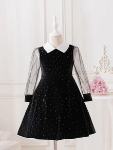 SHEIN 黑色天鵝絨領公主禮服，閃亮水鑽透視網紗長袖A字長裙，適合學校派對與聖誕節 - 黑色 - 查看 10