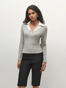 TRNVIE 2026 Fall New Arrival Women's Top For Office, Casual Grey Contrast Collar Fitted Long Sleeve Top - Grey - View 5